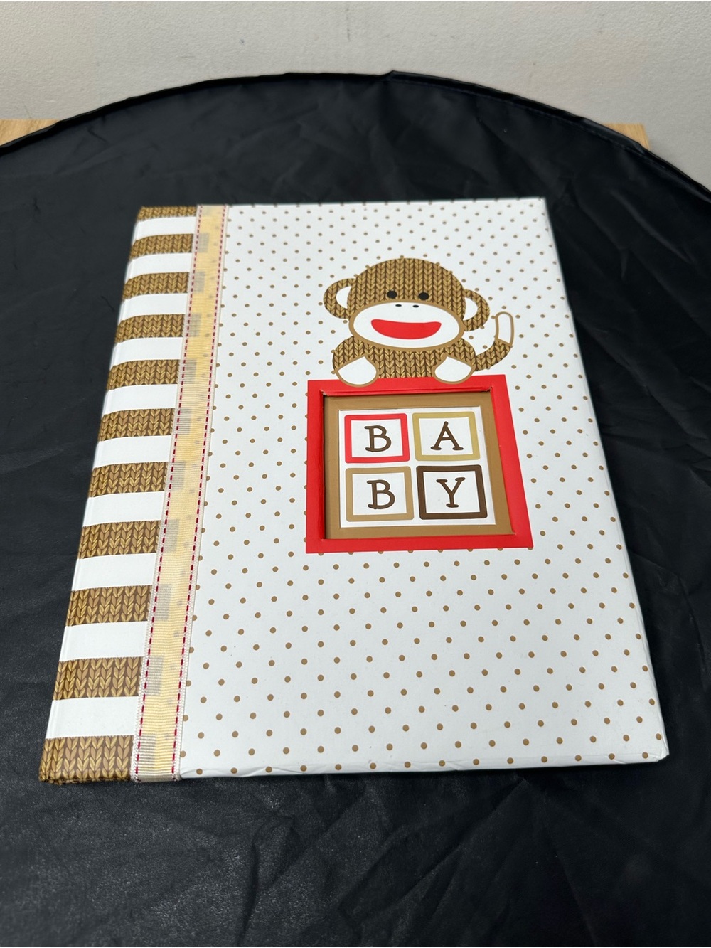 Baby Starters Sock Monkey White and Gold Polka Dot Memory Book